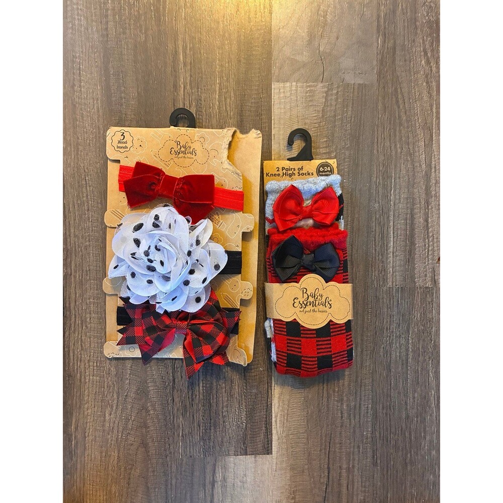 Baby Essentials Buffalo Plaid Headbands & Knee High Socks – NWT